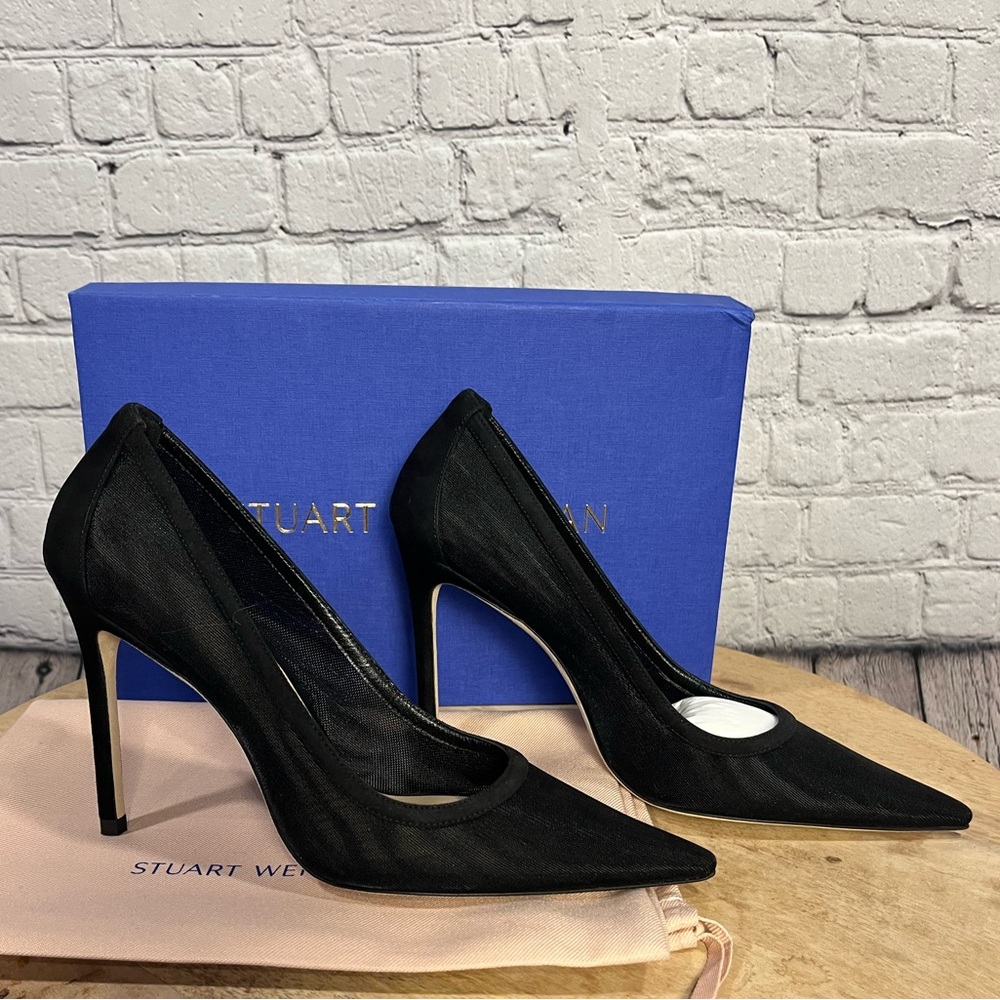 Stuart Weitzman Black Pointed Toe Mesh Stiletto Pumps - Picture 6 of 12